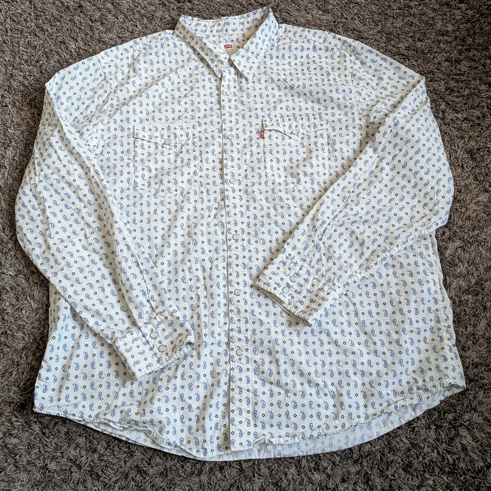 NWOT Levi's White Paisley Print Snap Button Long Sleeve Cotton Shirt Men's XXL